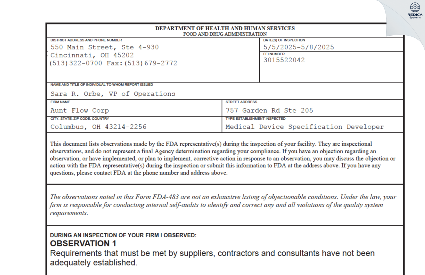 FDA 483 - Aunt Flow Corp [Columbus / United States of America] - Download PDF - Redica Systems