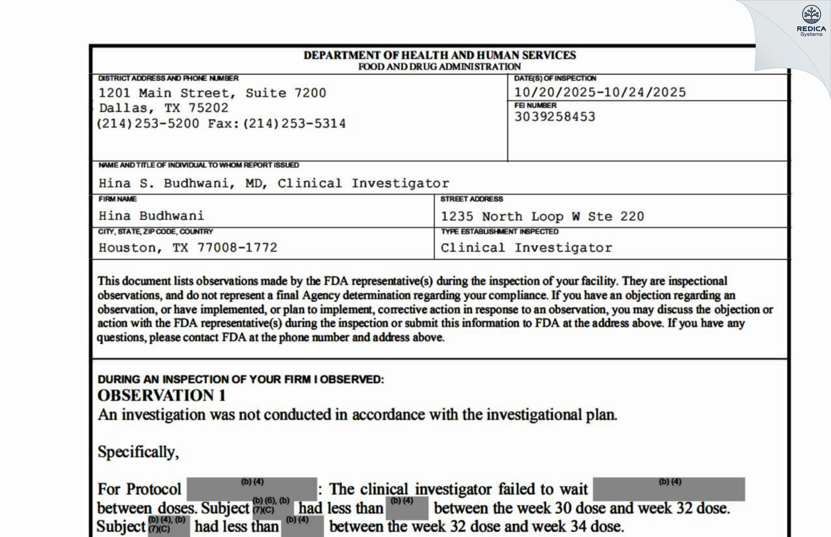 FDA 483 - Hina Budhwani [Houston / United States of America] - Download PDF - Redica Systems