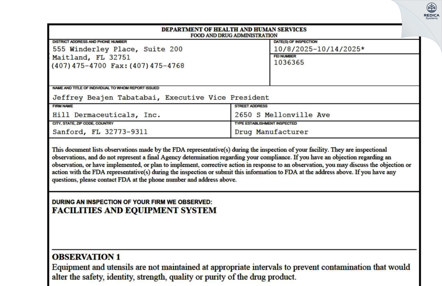 FDA 483 - HILL DERMACEUTICALS, INC. [Sanford / United States of America] - Download PDF - Redica Systems