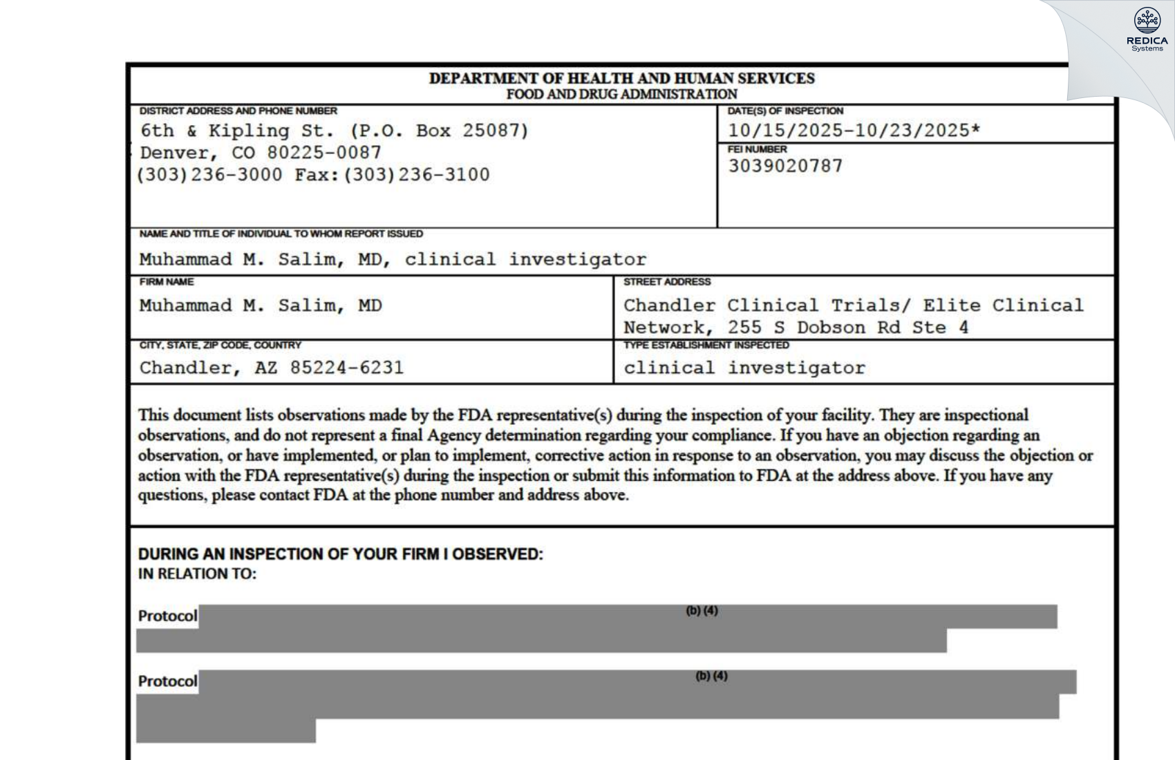 FDA 483 - Muhammad M. Salim, MD [Chandler / United States of America] - Download PDF - Redica Systems