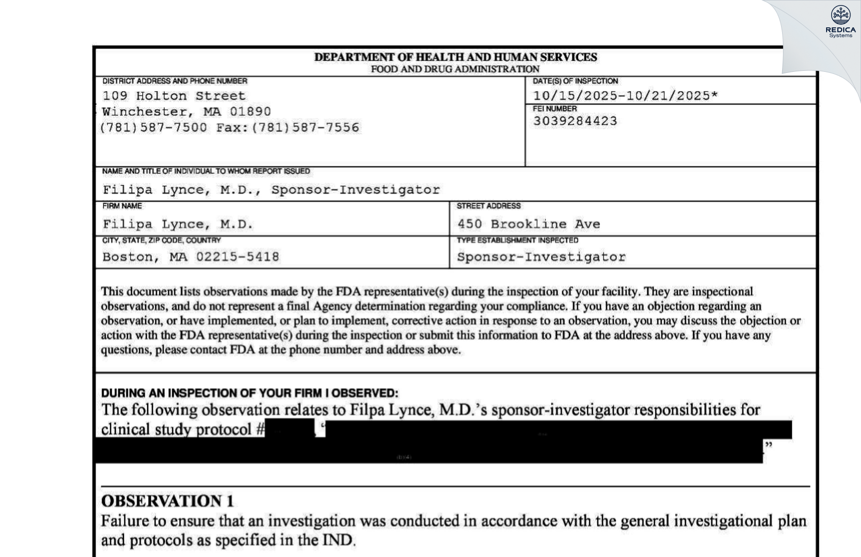 FDA 483 - Filipa Lynce, M.D. [Boston / United States of America] - Download PDF - Redica Systems