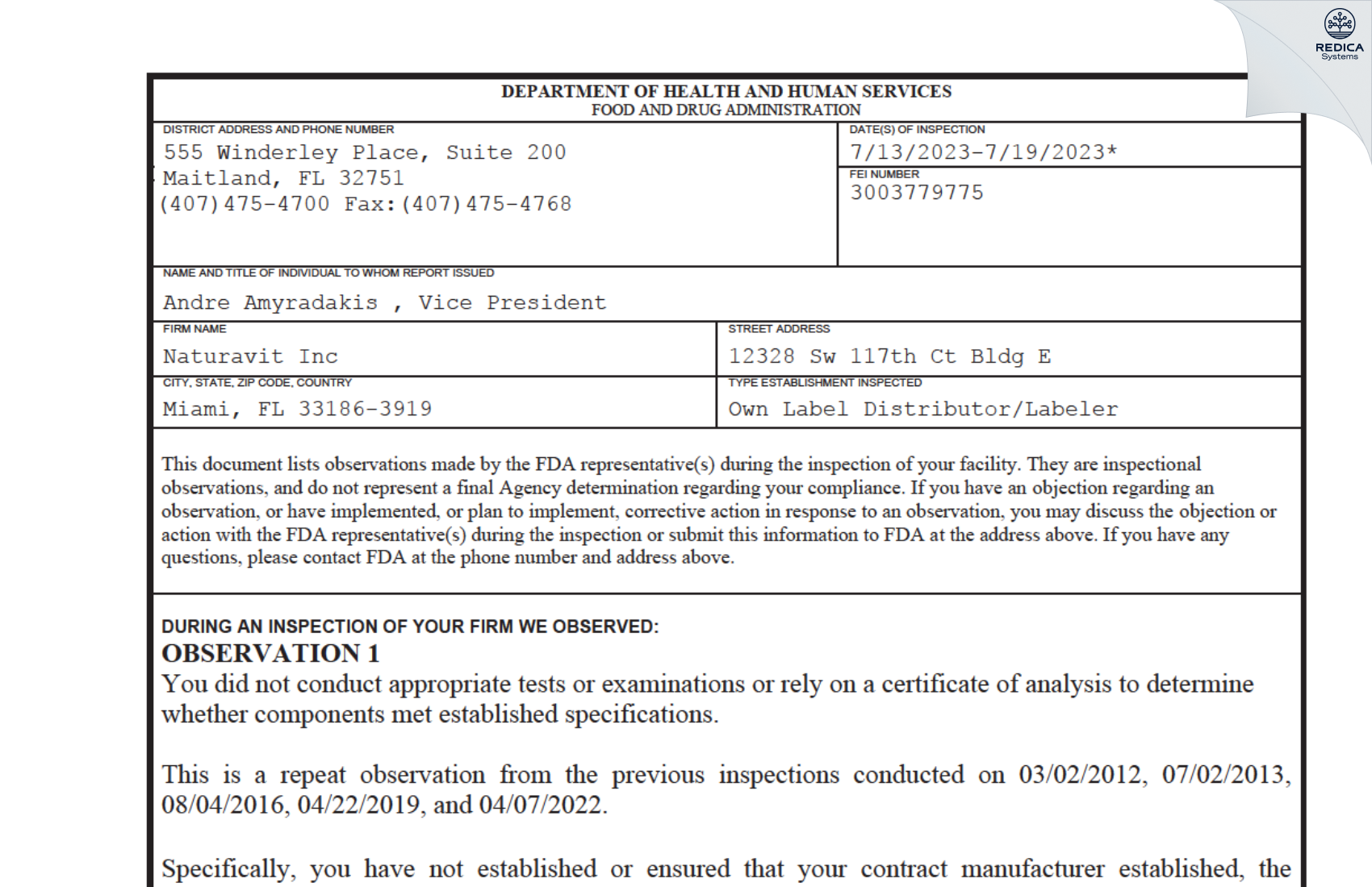 FDA 483 - Naturavit Inc [Miami / United States of America] - Download PDF - Redica Systems