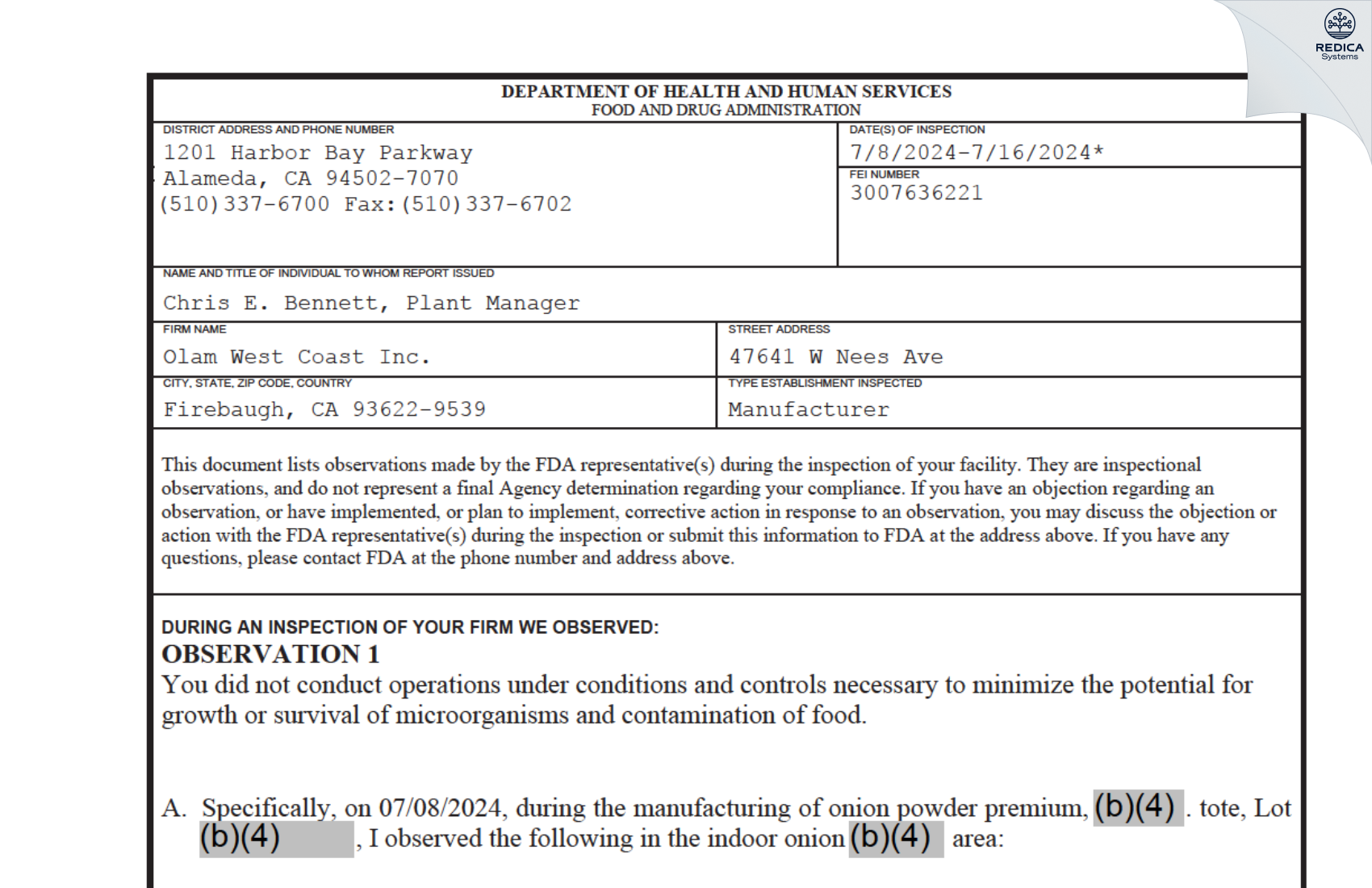 FDA 483 - Olam West Coast Inc. [Firebaugh / United States of America] - Download PDF - Redica Systems