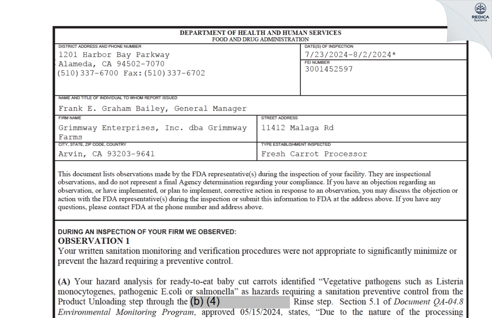 FDA 483 - Grimmway Enterprises, Inc. dba Grimmway Farms [Arvin / United States of America] - Download PDF - Redica Systems