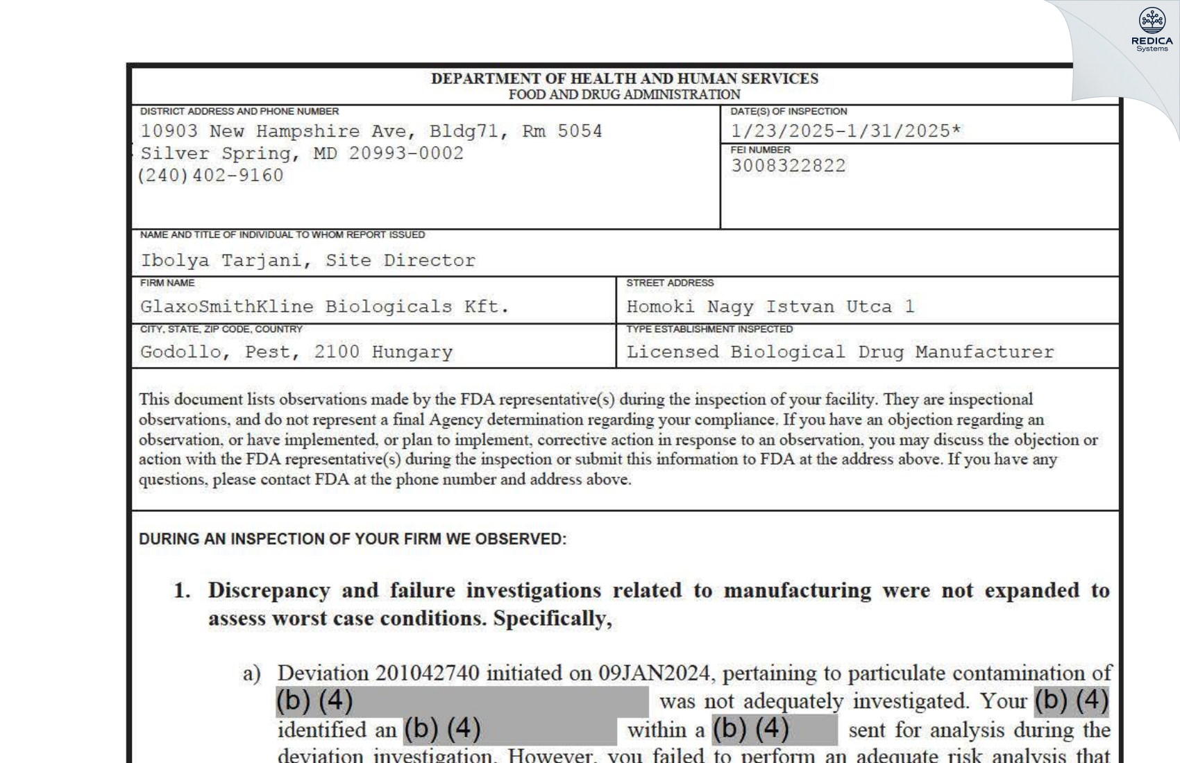 FDA 483 - GlaxoSmithKline Biologicals Kft. [Gödöllo / Hungary] - Download PDF - Redica Systems