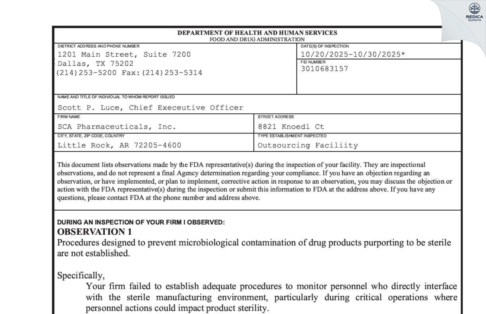 FDA 483 - SCA Pharmaceuticals, Inc. [Little Rock / United States of America] - Download PDF - Redica Systems