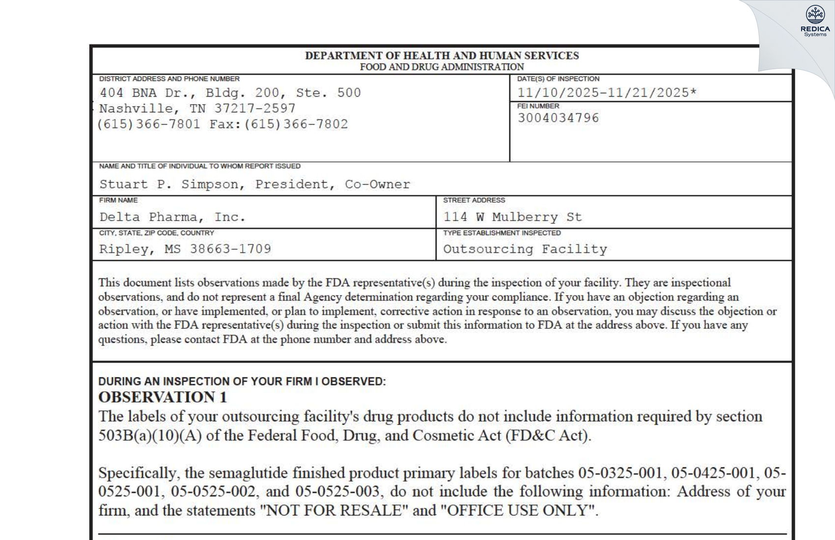 FDA 483 - Delta Pharma, Inc. [Ripley / United States of America] - Download PDF - Redica Systems