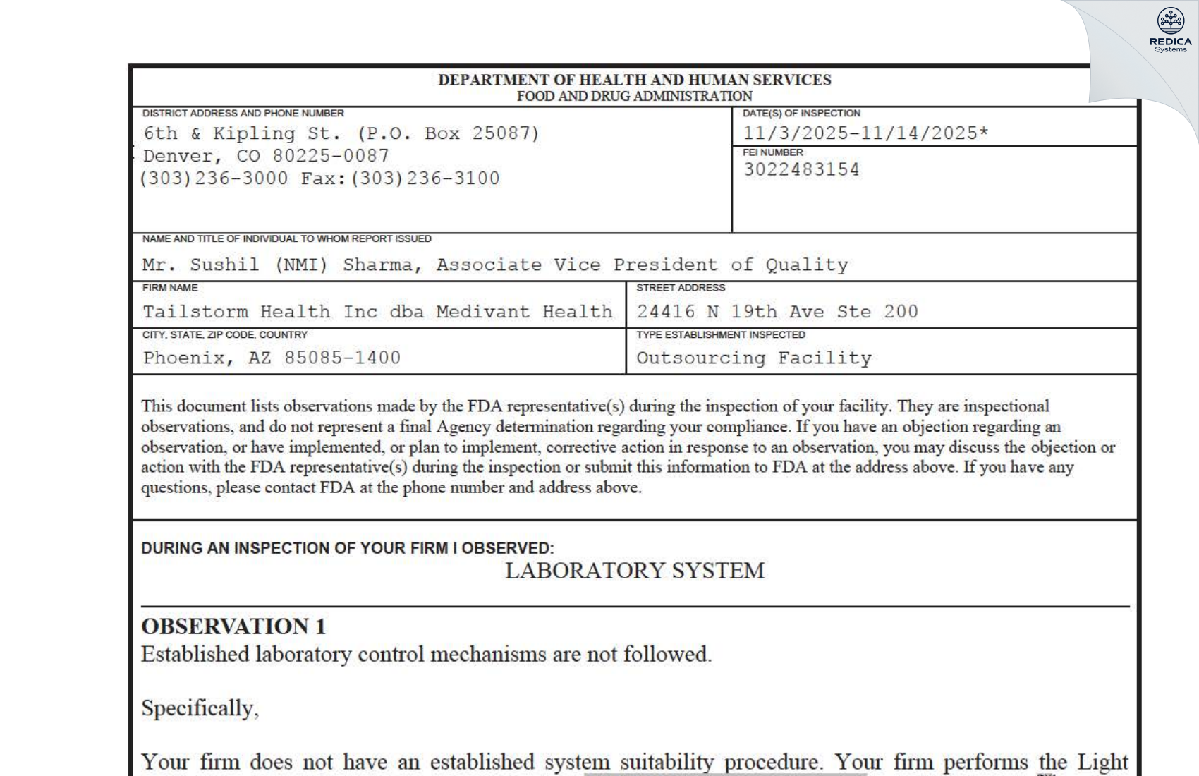 FDA 483 - Tailstorm Health INC [Phoenix / United States of America] - Download PDF - Redica Systems