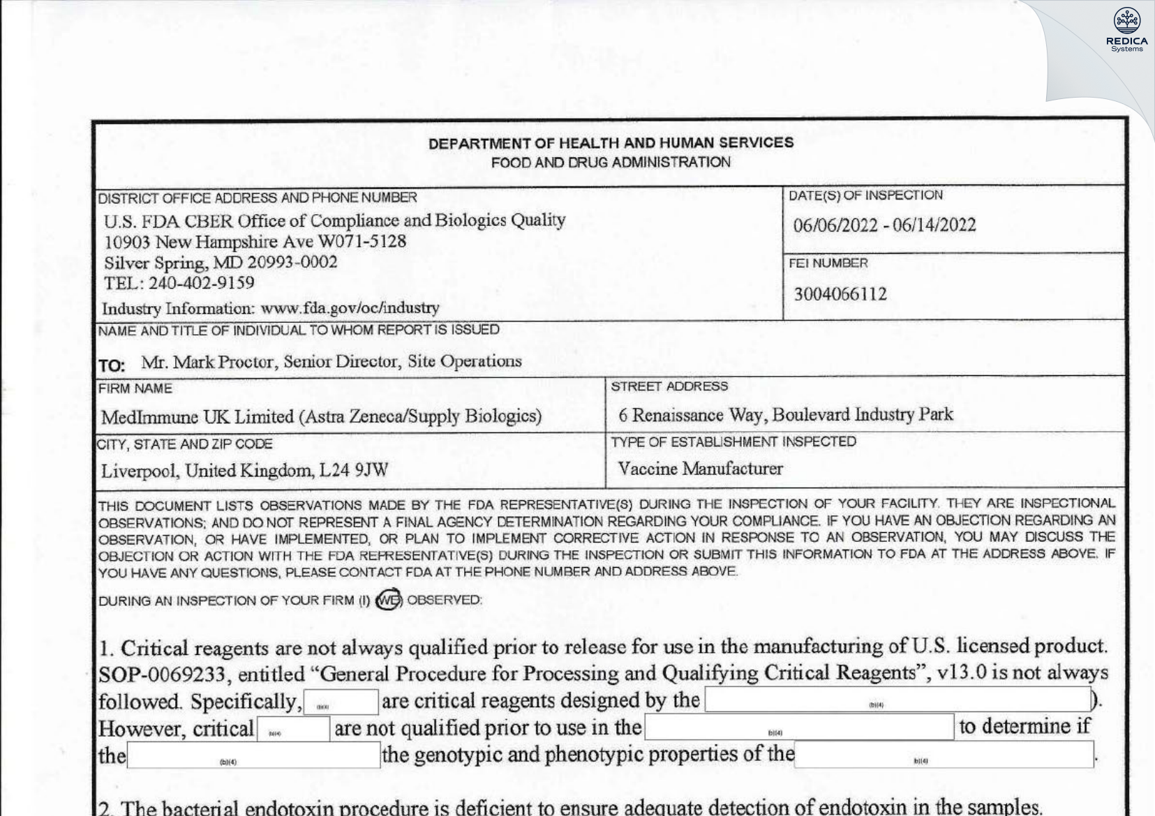 FDA 483 - MEDIMMUNE U.K. LIMITED [Liverpool / United Kingdom of Great Britain and Northern Ireland] - Download PDF - Redica Systems