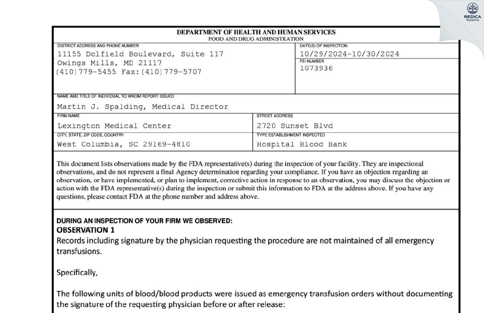 FDA 483 - Lexington Medical Center [West Columbia / United States of America] - Download PDF - Redica Systems
