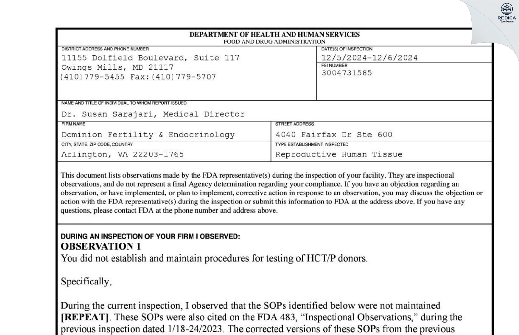 FDA 483 - Dominion Fertility & Endocrinology [Arlington / United States of America] - Download PDF - Redica Systems