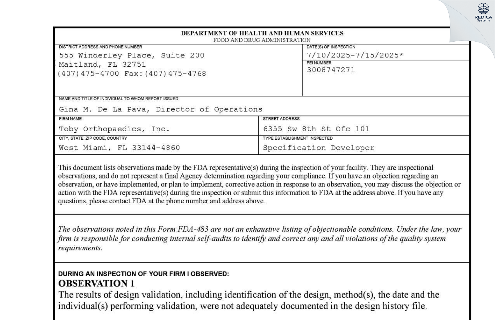 FDA 483 - Toby Orthopaedics, Inc. [West Miami / United States of America] - Download PDF - Redica Systems