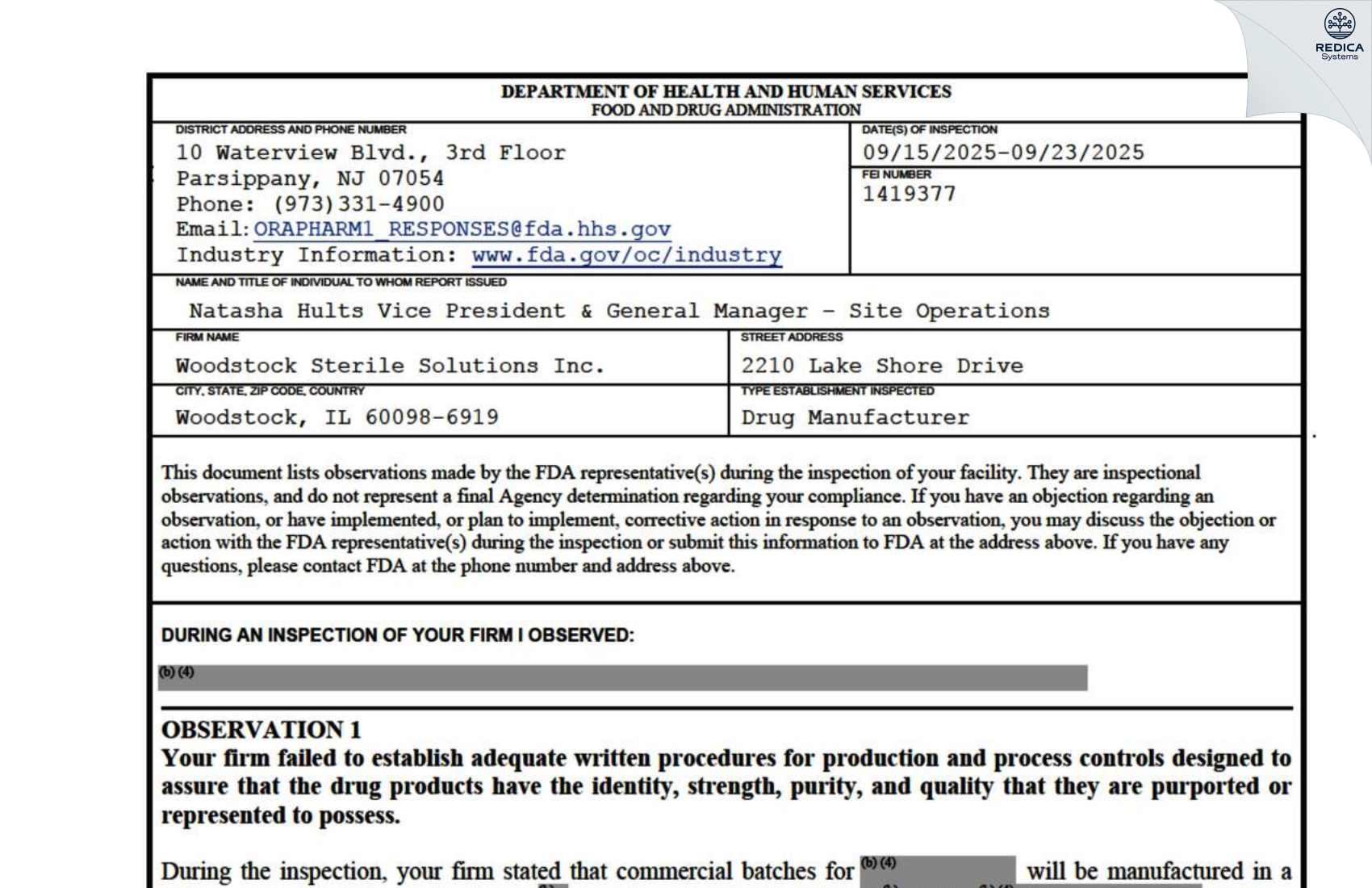 FDA 483 - Woodstock Sterile Solutions [Woodstock / United States of America] - Download PDF - Redica Systems