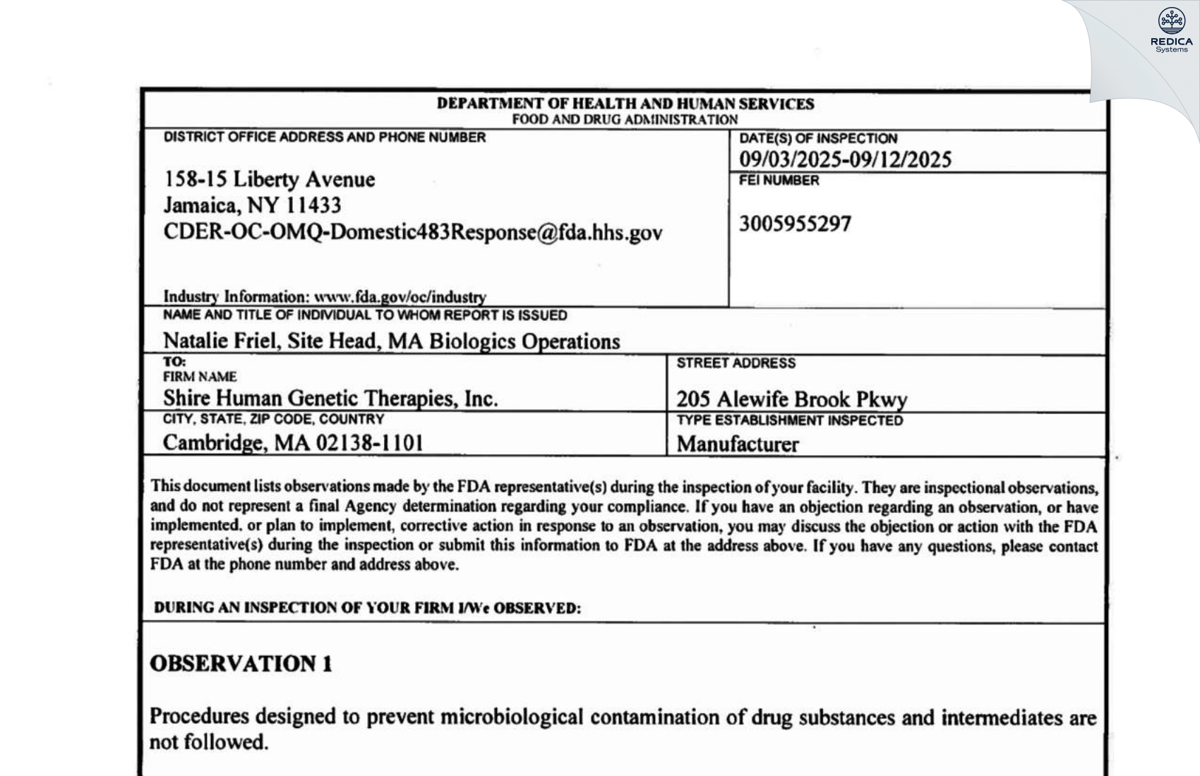 FDA 483 - Shire Human Genetic Therapies, Inc. [Cambridge / United States of America] - Download PDF - Redica Systems