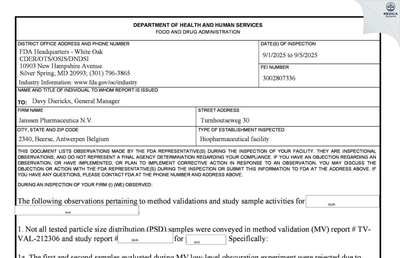 FDA 483 - Janssen Pharmaceutica NV [Beerse / Belgium] - Download PDF - Redica Systems