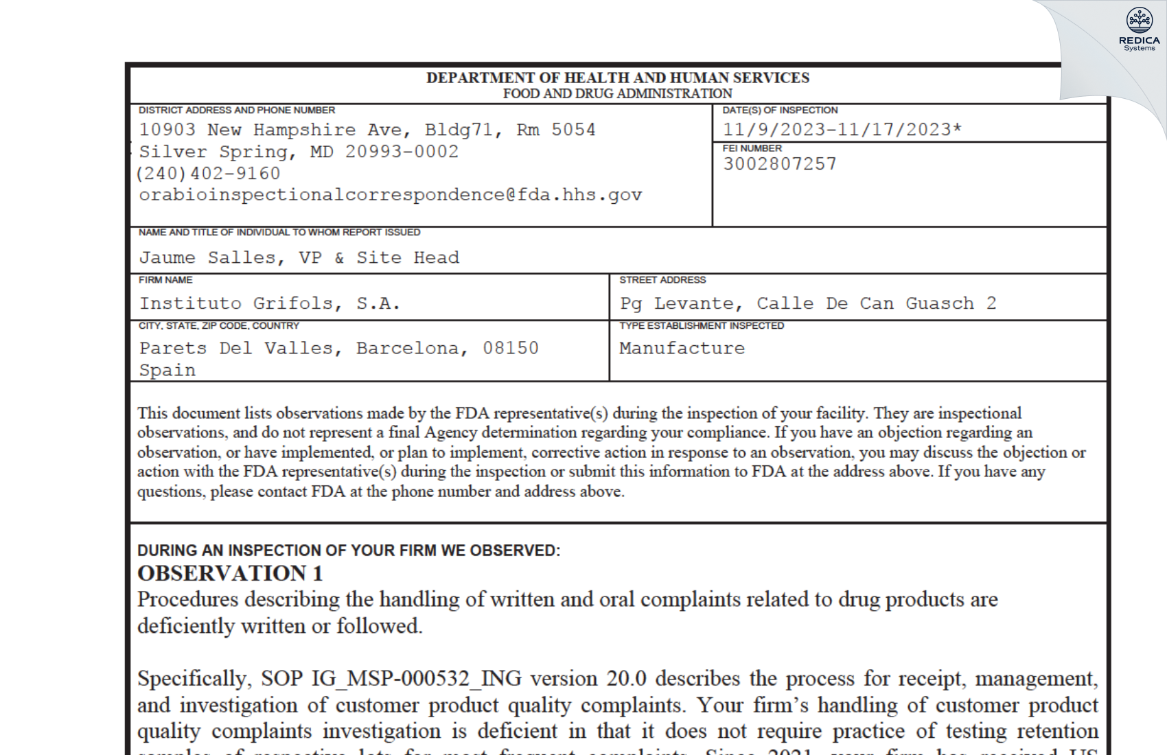 FDA 483 - Instituto Grifols, S.A. [Parets Del Vallès / Spain] - Download PDF - Redica Systems