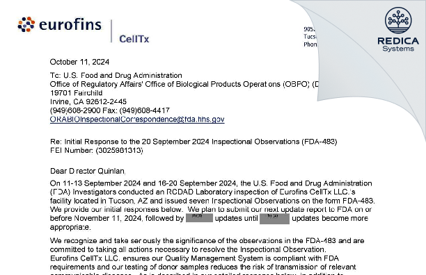 FDA 483 Response - Eurofins CellTx Inc [Tucson / United States of America] - Download PDF - Redica Systems