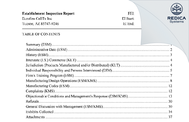 EIR - Eurofins CellTx Inc [Tucson / United States of America] - Download PDF - Redica Systems