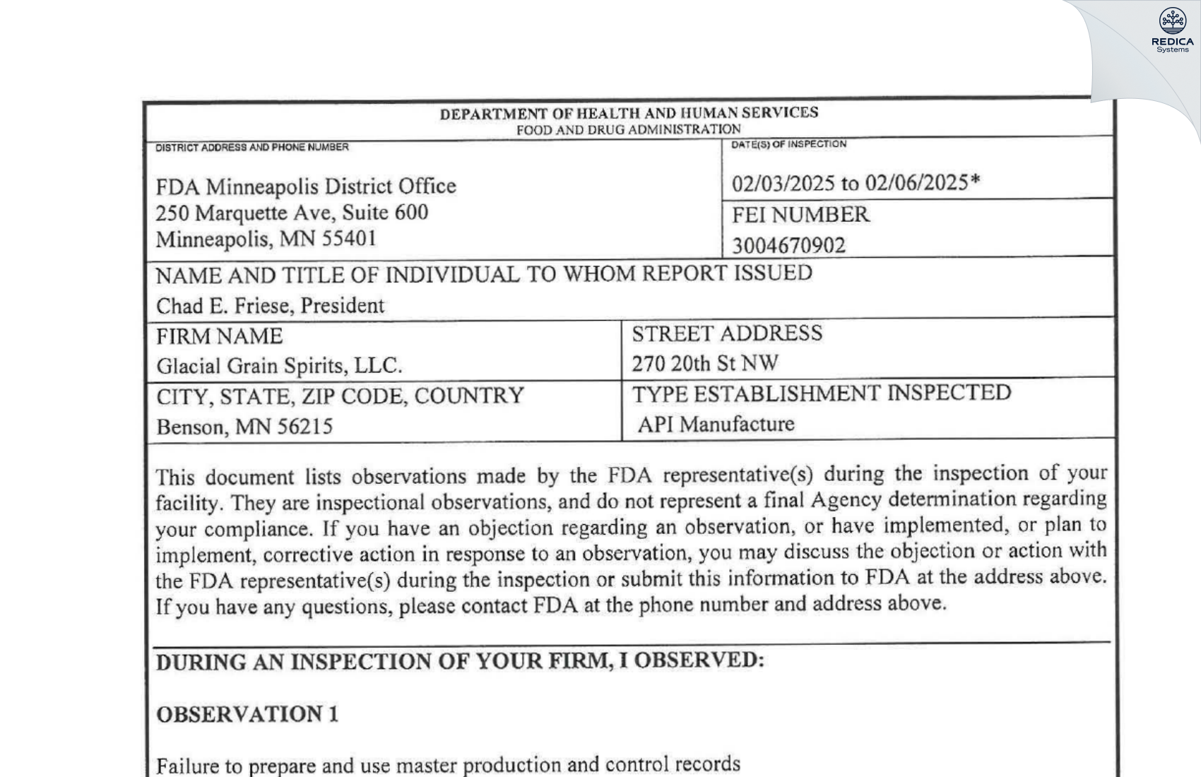 FDA 483 - Glacial Grain Spirits, LLC [Benson / United States of America] - Download PDF - Redica Systems
