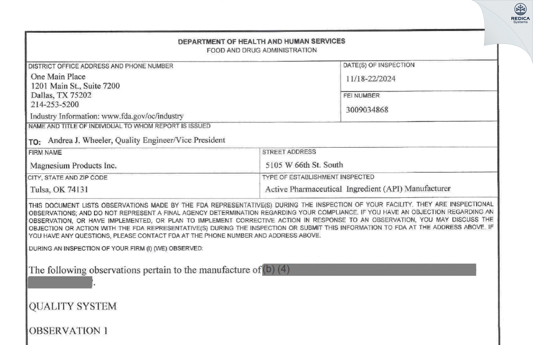 FDA 483 - Magnesium Products, Inc [Tulsa / United States of America] - Download PDF - Redica Systems