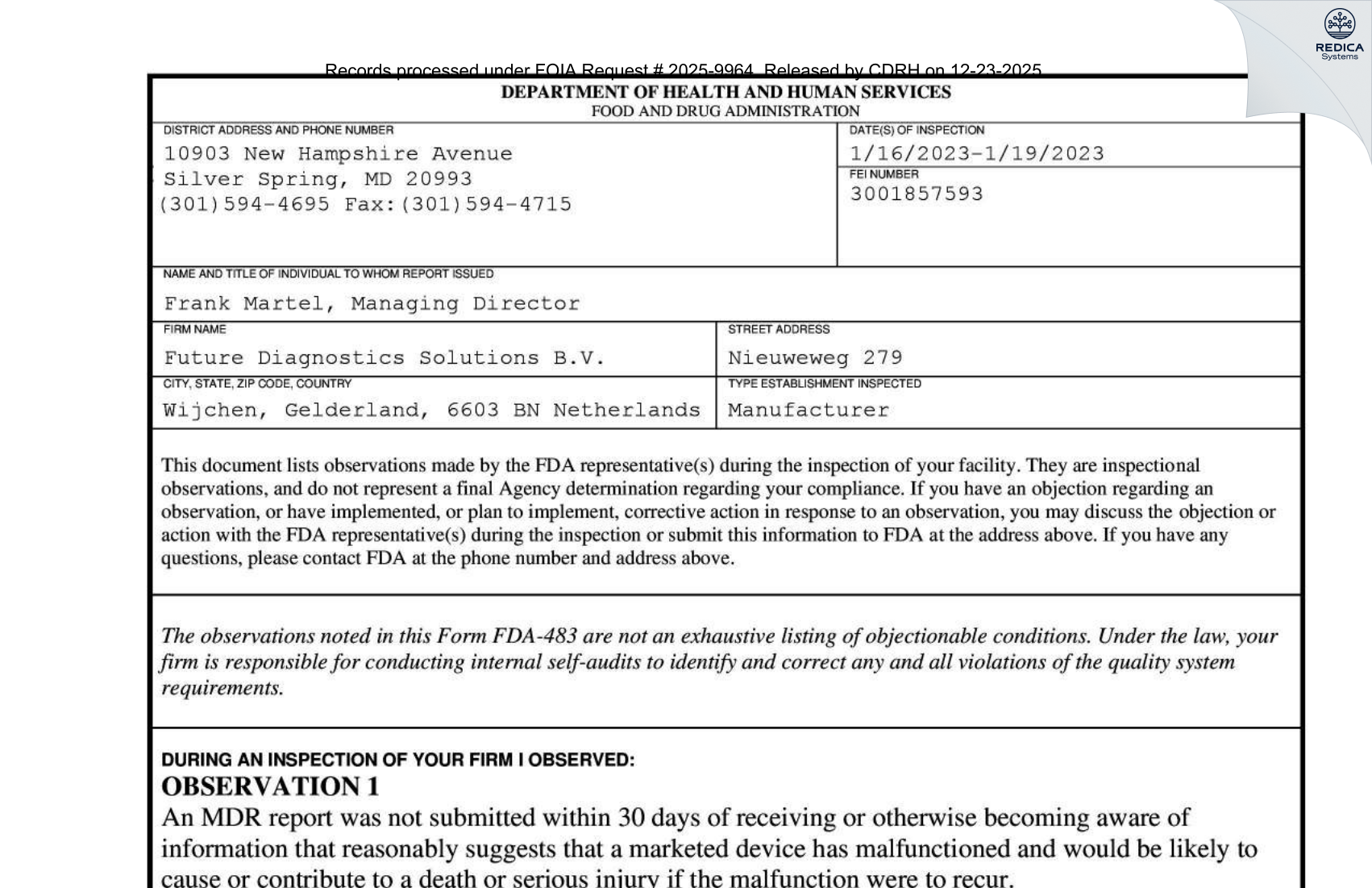 FDA 483 - Future Diagnostics Solutions B.V. [Wijchen / Netherlands] - Download PDF - Redica Systems