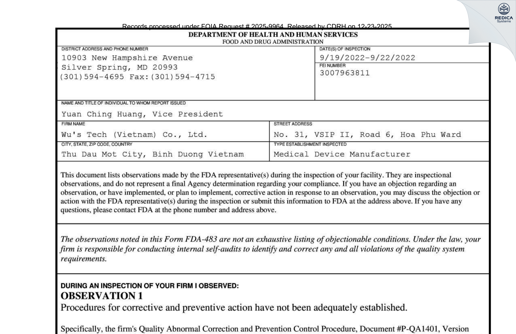 FDA 483 - Wu's Tech (Vietnam) Co., Ltd. [Thành Ph? Th? D?u M?t / Vietnam] - Download PDF - Redica Systems