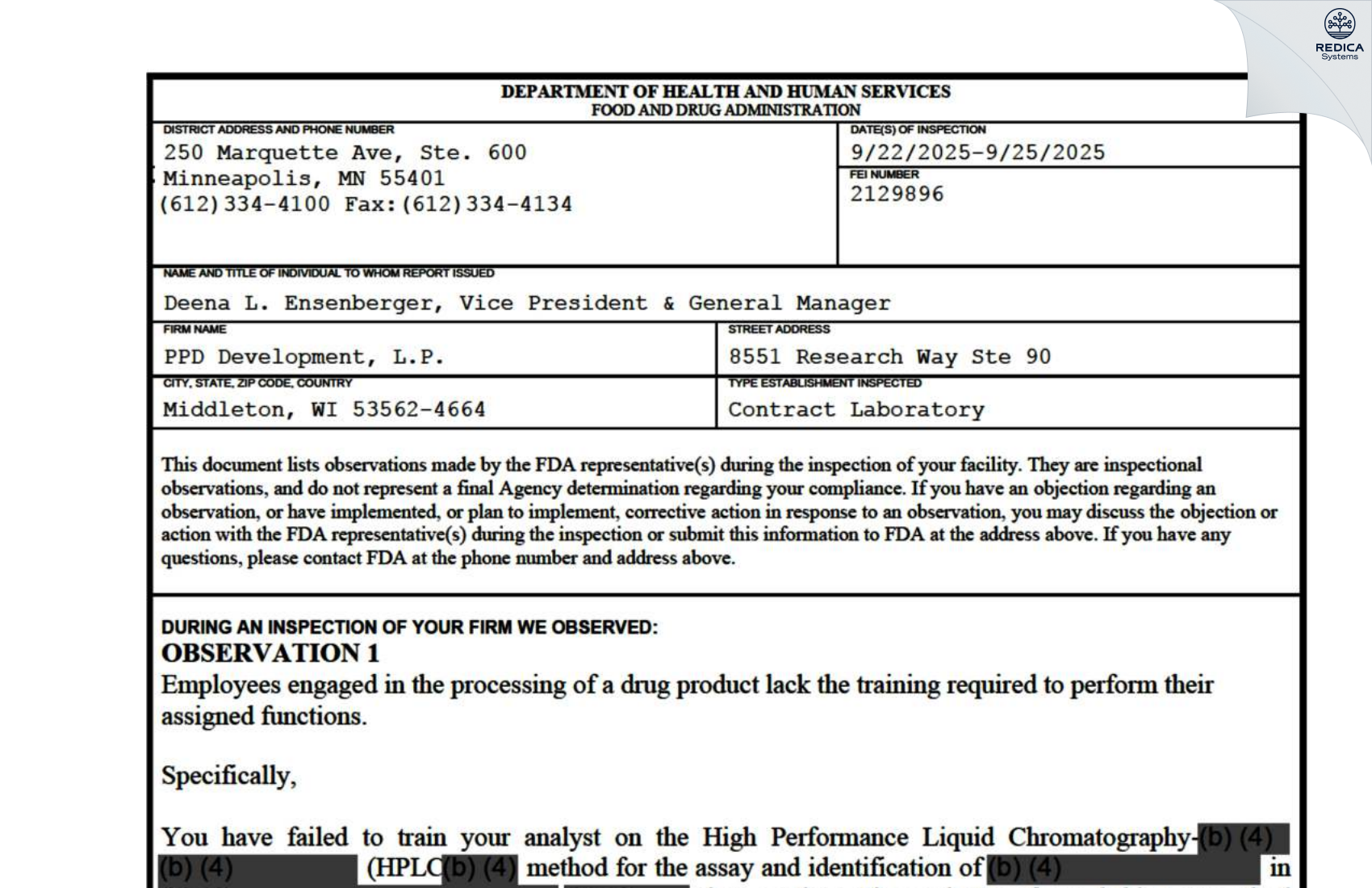 FDA 483 - PPD Development, L.P. [Middleton / United States of America] - Download PDF - Redica Systems