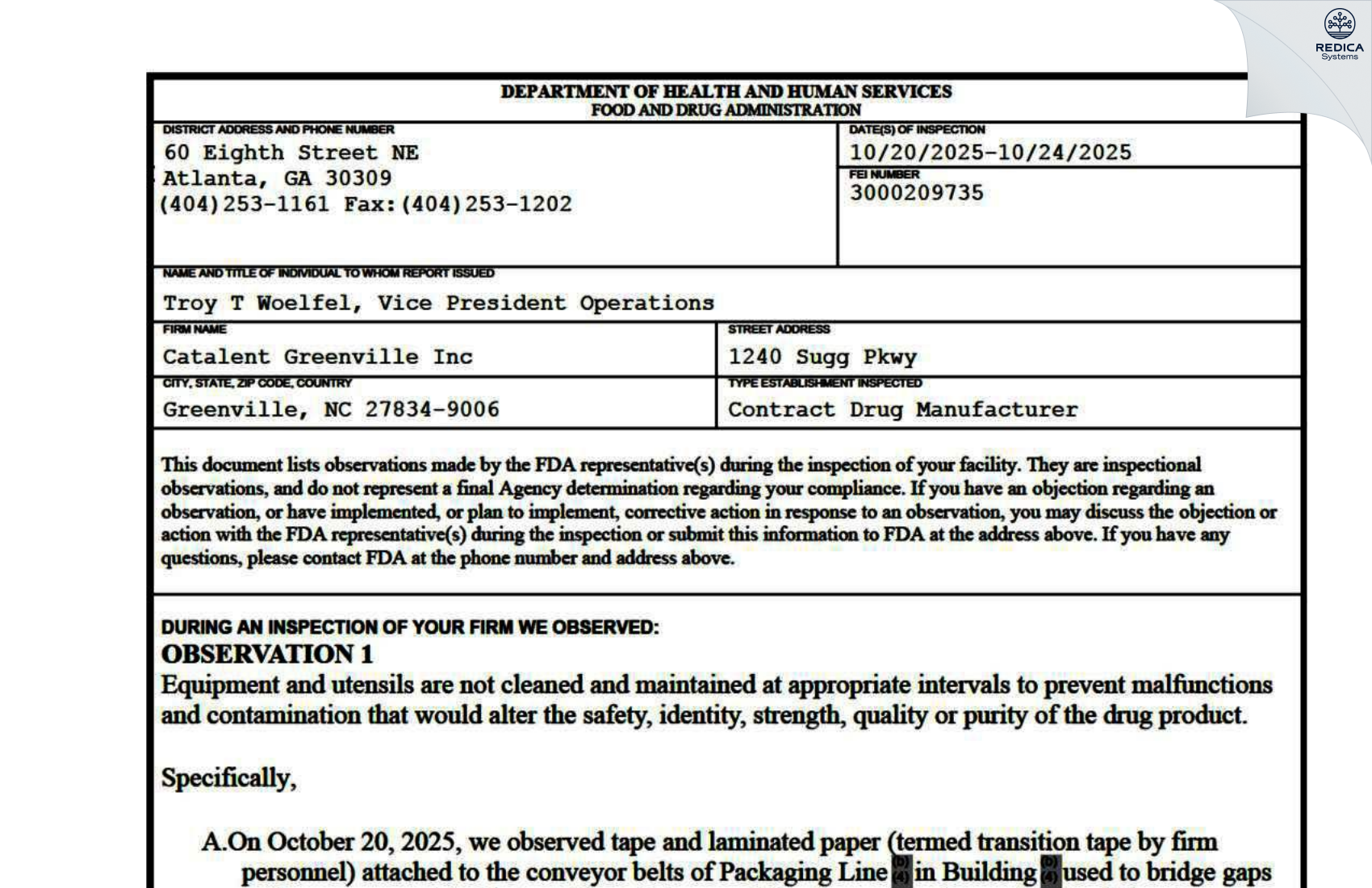 FDA 483 - Catalent Greenville, Inc. [Greenville / United States of America] - Download PDF - Redica Systems
