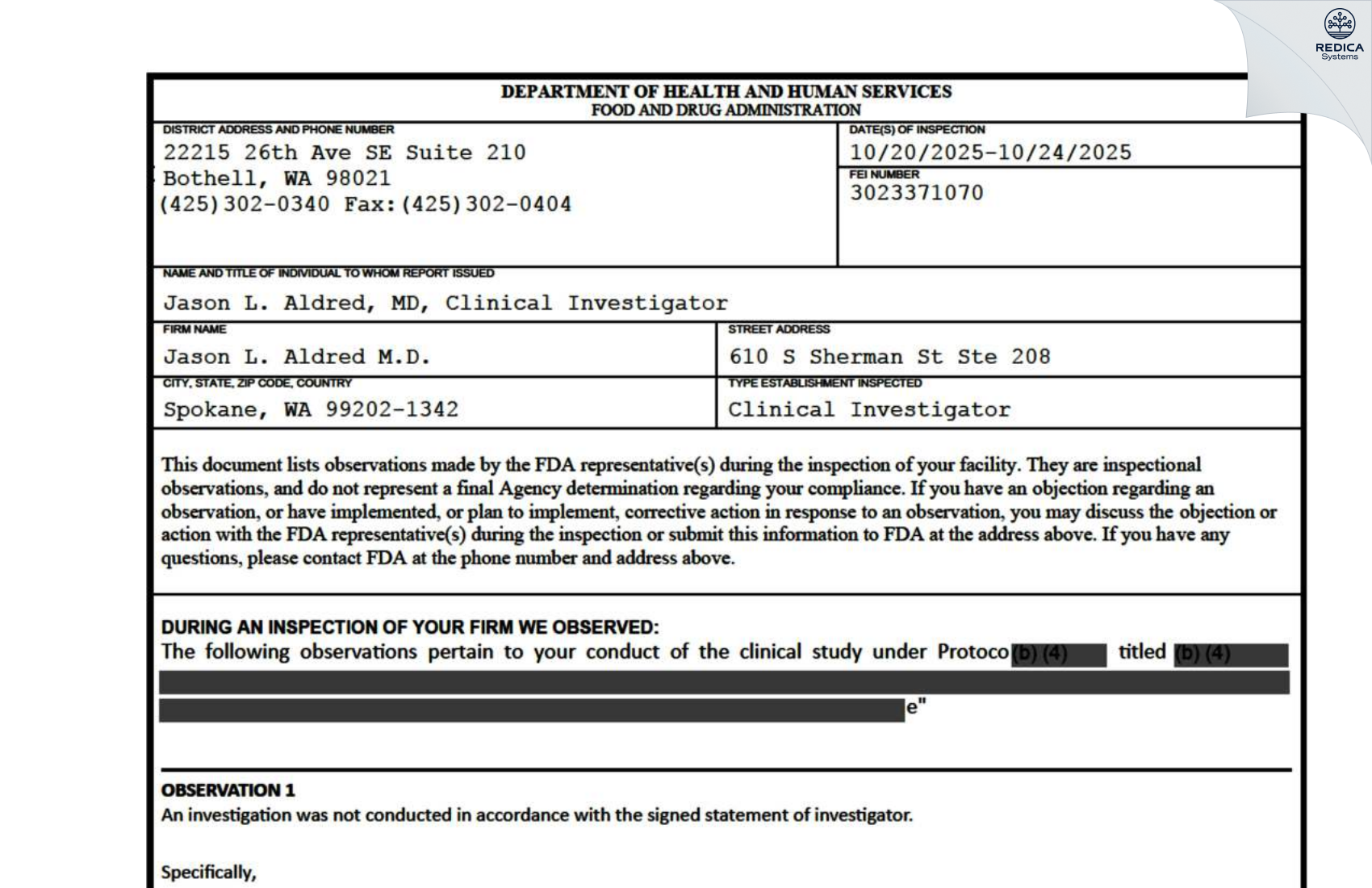 FDA 483 - Jason L. Aldred M.D. [Spokane / United States of America] - Download PDF - Redica Systems