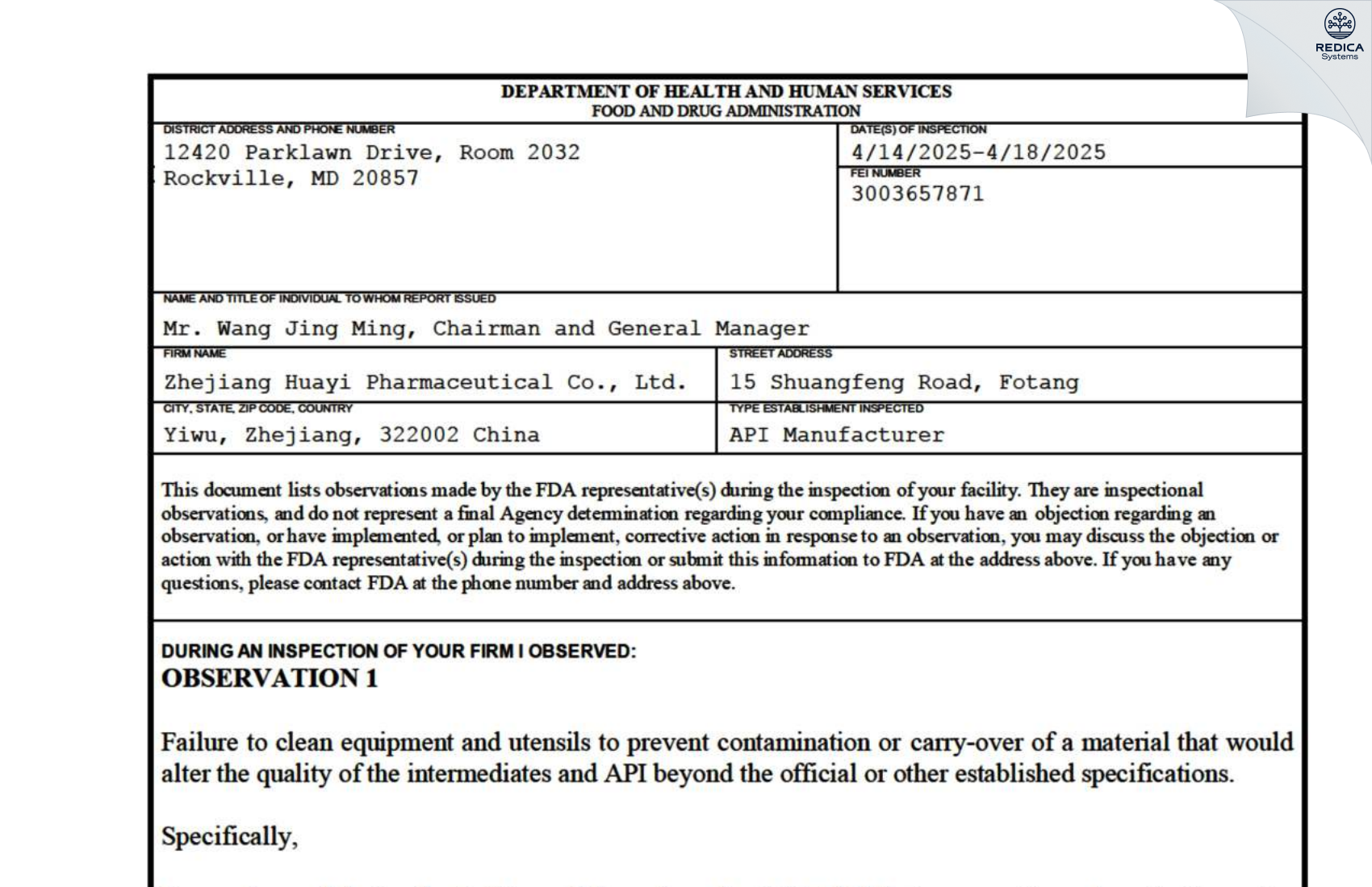 FDA 483 - Zhejiang Huayi Pharmaceutical Co., Ltd. [Shuangfeng / China] - Download PDF - Redica Systems