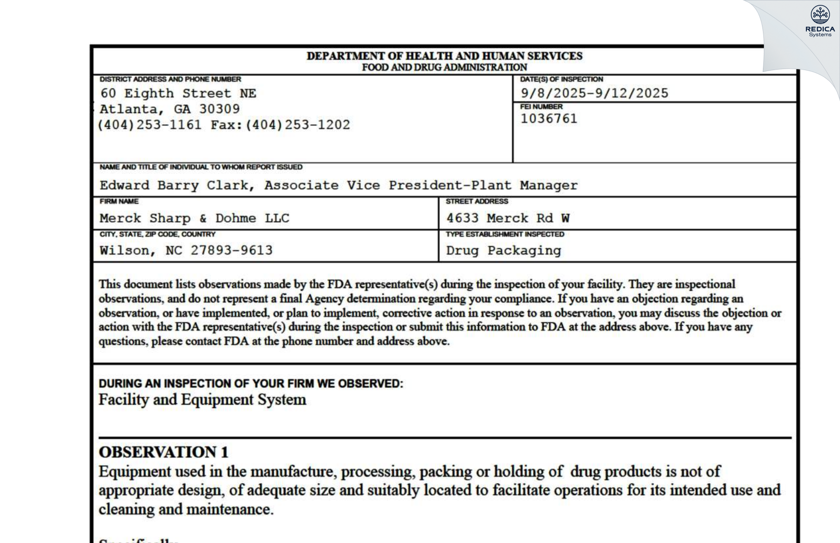 FDA 483 - Merck Sharp & Dohme LLC [Wilson / United States of America] - Download PDF - Redica Systems