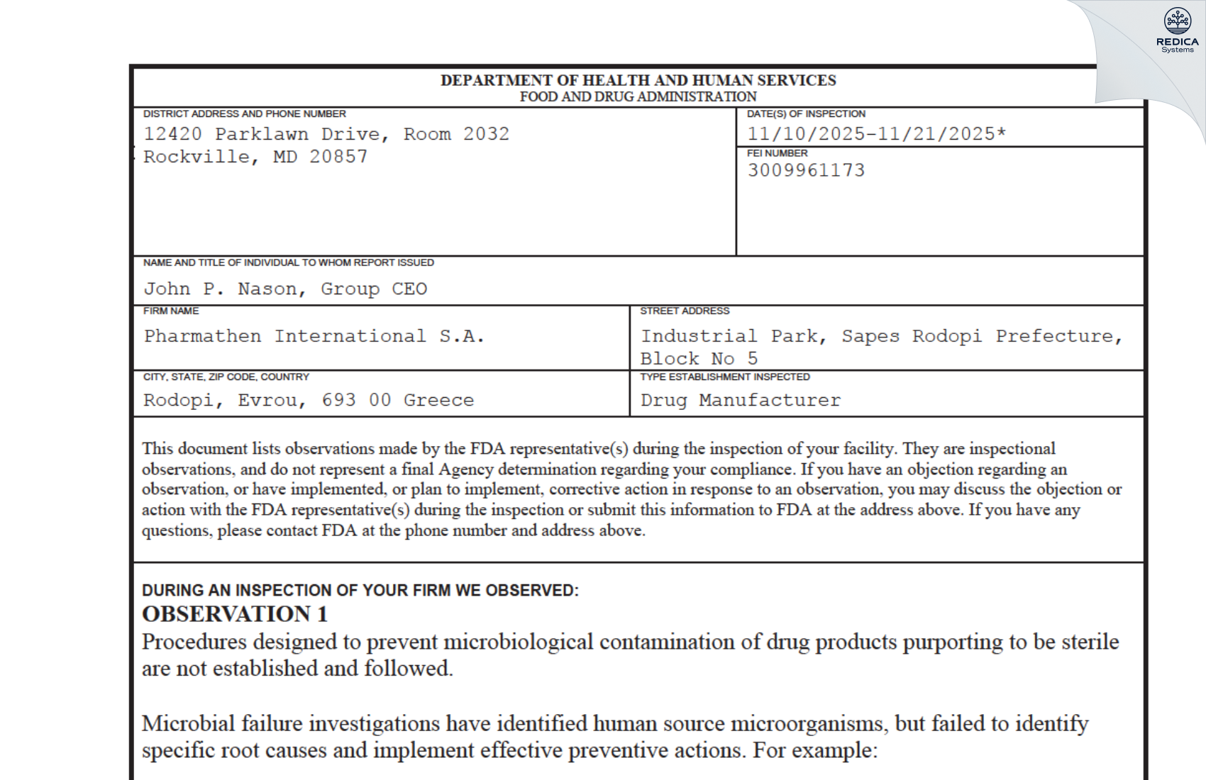 FDA 483 - PHARMATHEN INTERNATIONAL S.A. [Sapes / Greece] - Download PDF - Redica Systems