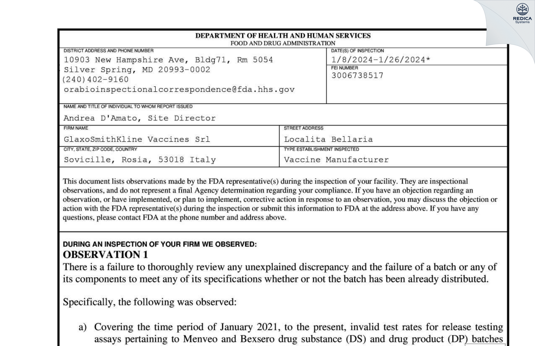FDA 483 - GlaxoSmithKline Vaccines Srl [Sovicille / Italy] - Download PDF - Redica Systems