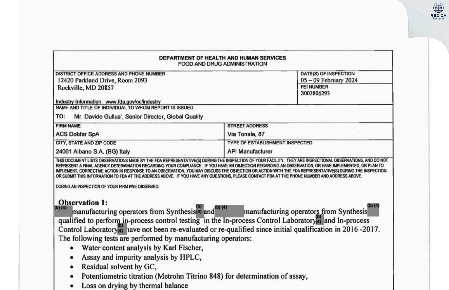 FDA 483 - ACS DOBFAR SPA [Albano Sant'alessandro / Italy] - Download PDF - Redica Systems
