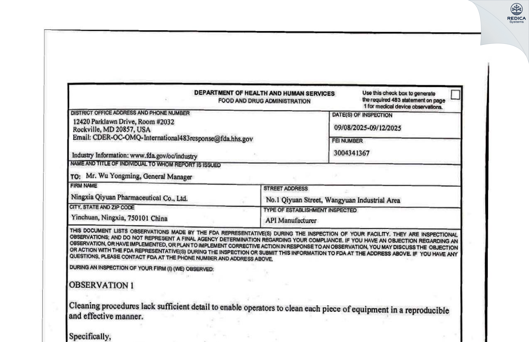 FDA 483 - Ningxia Qiyuan Pharmaceutical Co., Ltd. [Wangyuan / China] - Download PDF - Redica Systems