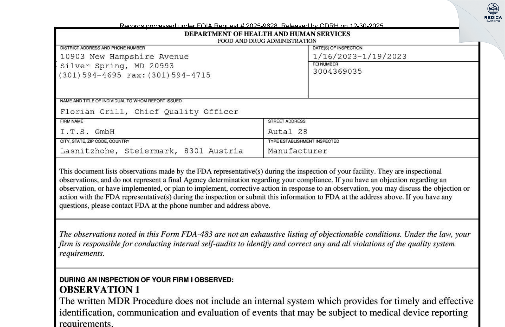 FDA 483 - I.T.S. GmbH [Lassnitzhöhe / Austria] - Download PDF - Redica Systems