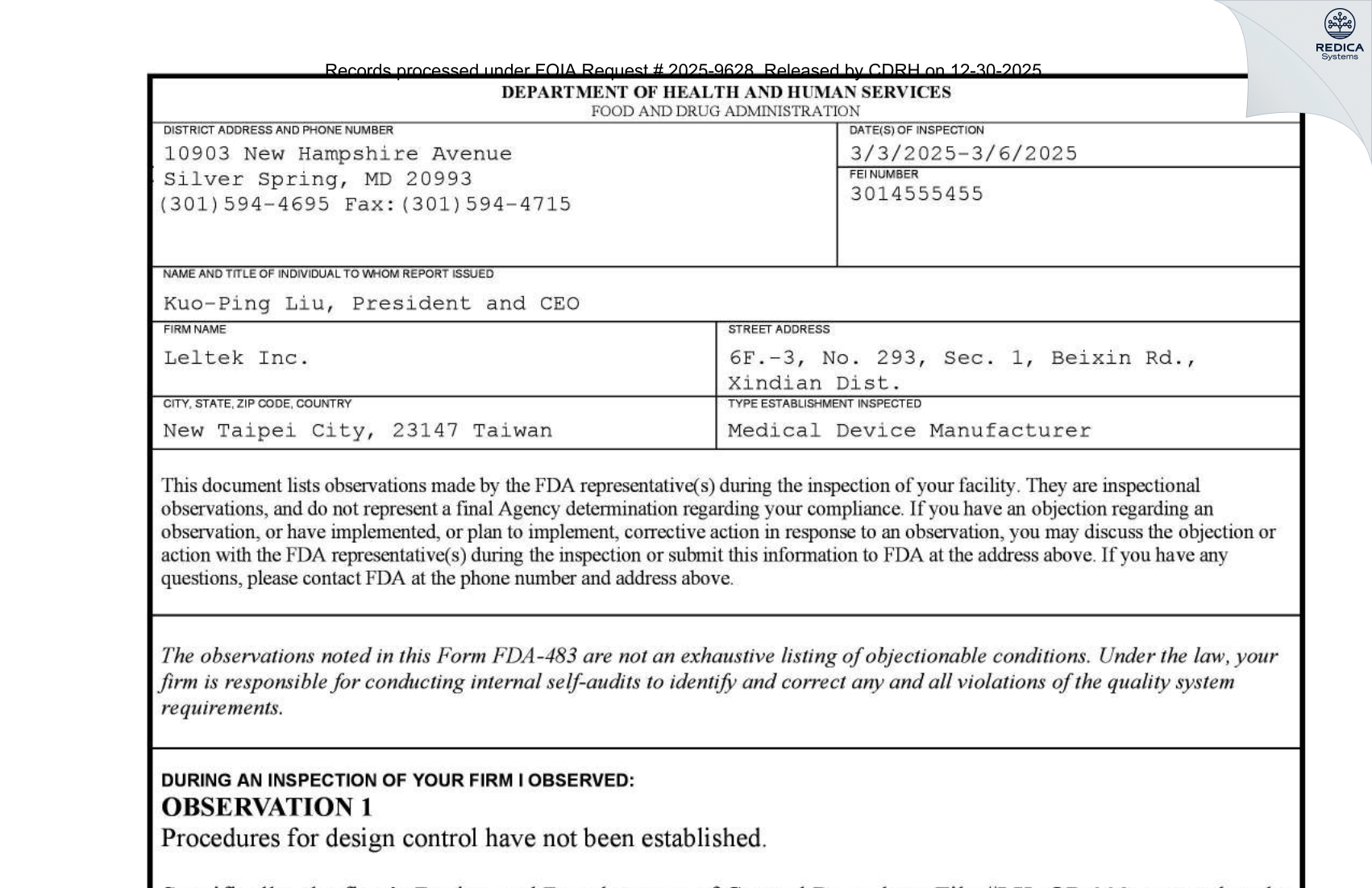 FDA 483 - Leltek Inc. [Xindian District / Taiwan] - Download PDF - Redica Systems
