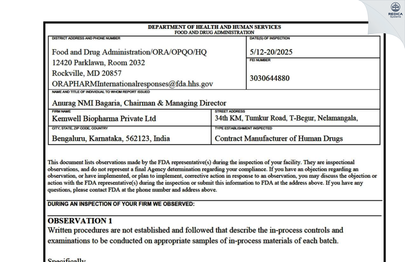 FDA 483 - Kemwell Biopharma Private Limited [Adarsh Nagar / India] - Download PDF - Redica Systems