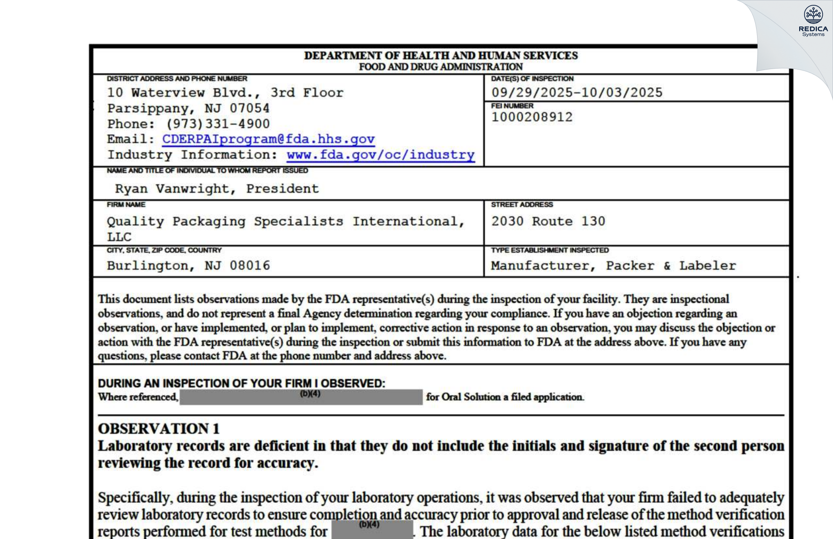 FDA 483 - Quality Packaging Specialists International, LLC [Roebling / United States of America] - Download PDF - Redica Systems