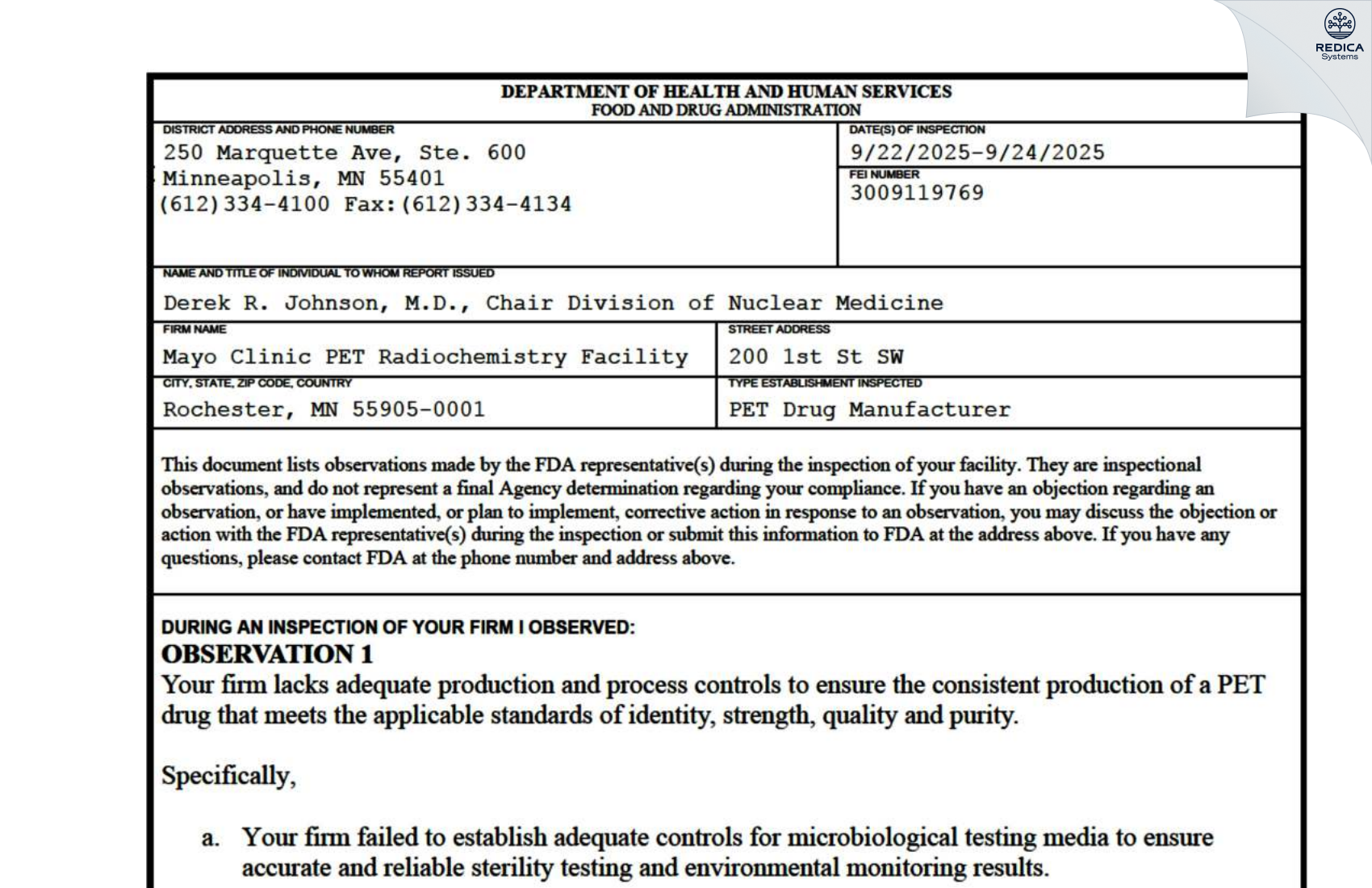 FDA 483 - Mayo Clinic PET Radiochemistry Facility [Rochester / United States of America] - Download PDF - Redica Systems