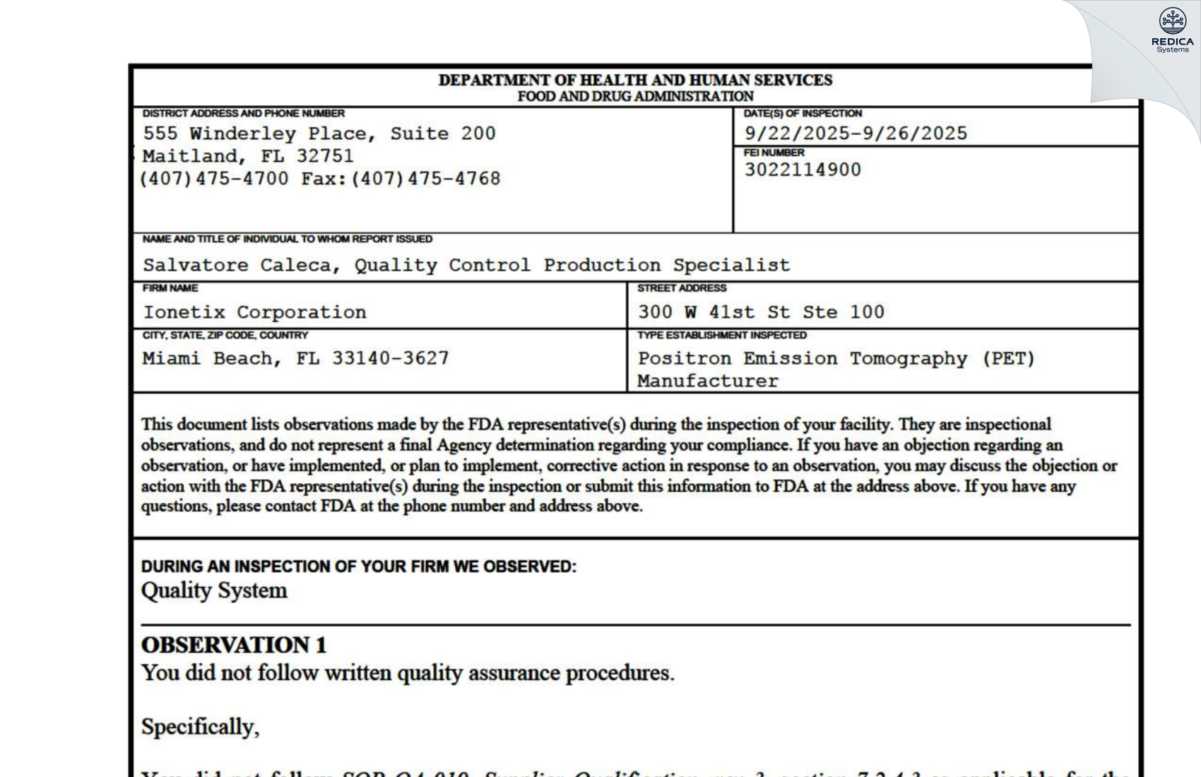 FDA 483 - Ionetix Corporation [Miami Beach / United States of America] - Download PDF - Redica Systems