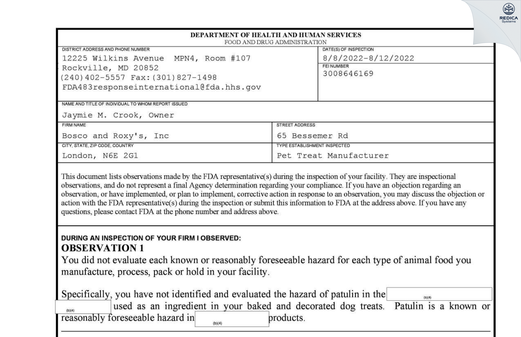 FDA 483 - Bosco and Roxy's, Inc [London / Canada] - Download PDF - Redica Systems