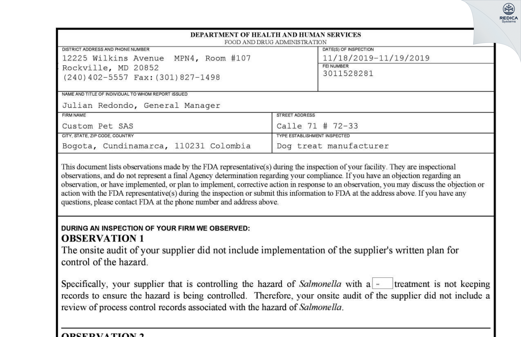 FDA 483 - Custom Pet SAS [Bogotá / Colombia] - Download PDF - Redica Systems