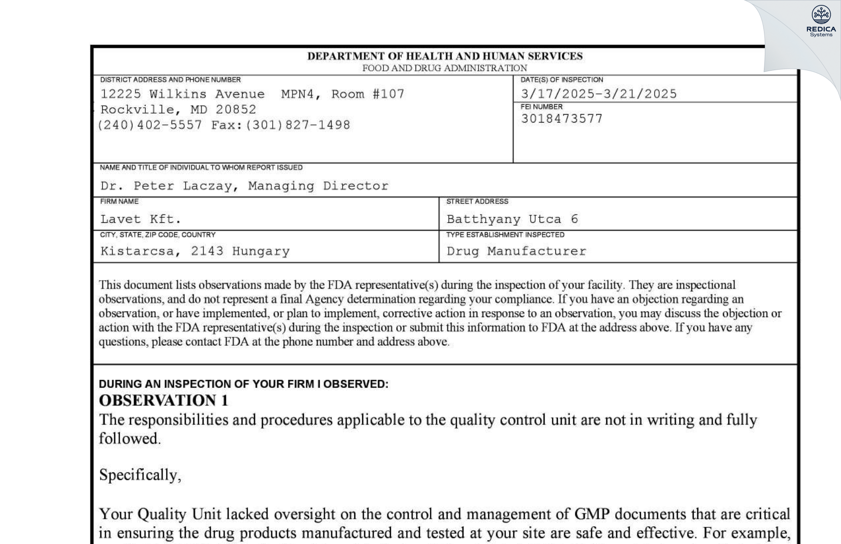 FDA 483 - LAVET Kft. [Kistarcsa / Hungary] - Download PDF - Redica Systems