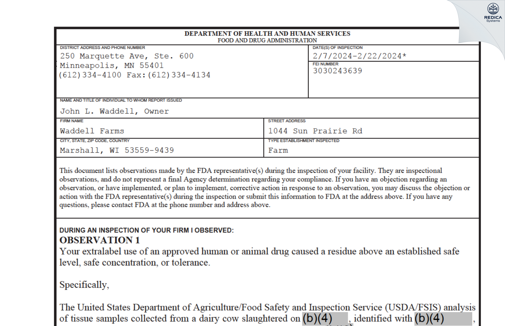 FDA 483 - Waddell Farms LLC [Marshall / United States of America] - Download PDF - Redica Systems