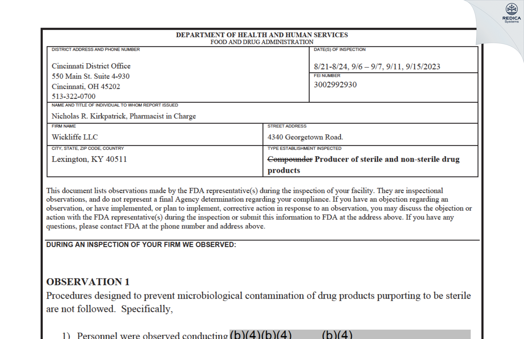 FDA 483 - Wickliffe Pharmaceutical Inc [Lexington / United States of America] - Download PDF - Redica Systems