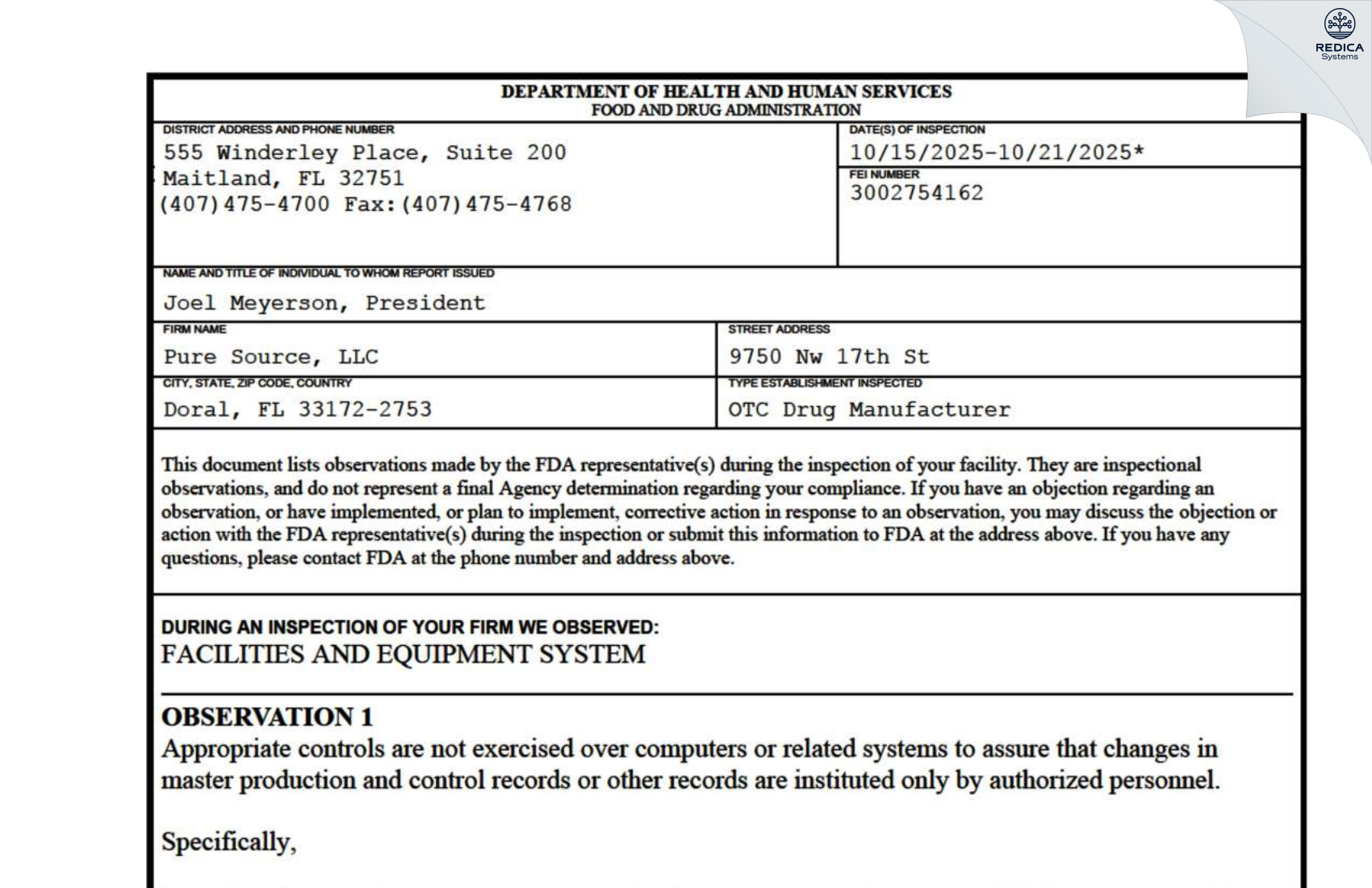 FDA 483 - Pure Source, LLC [Doral / United States of America] - Download PDF - Redica Systems