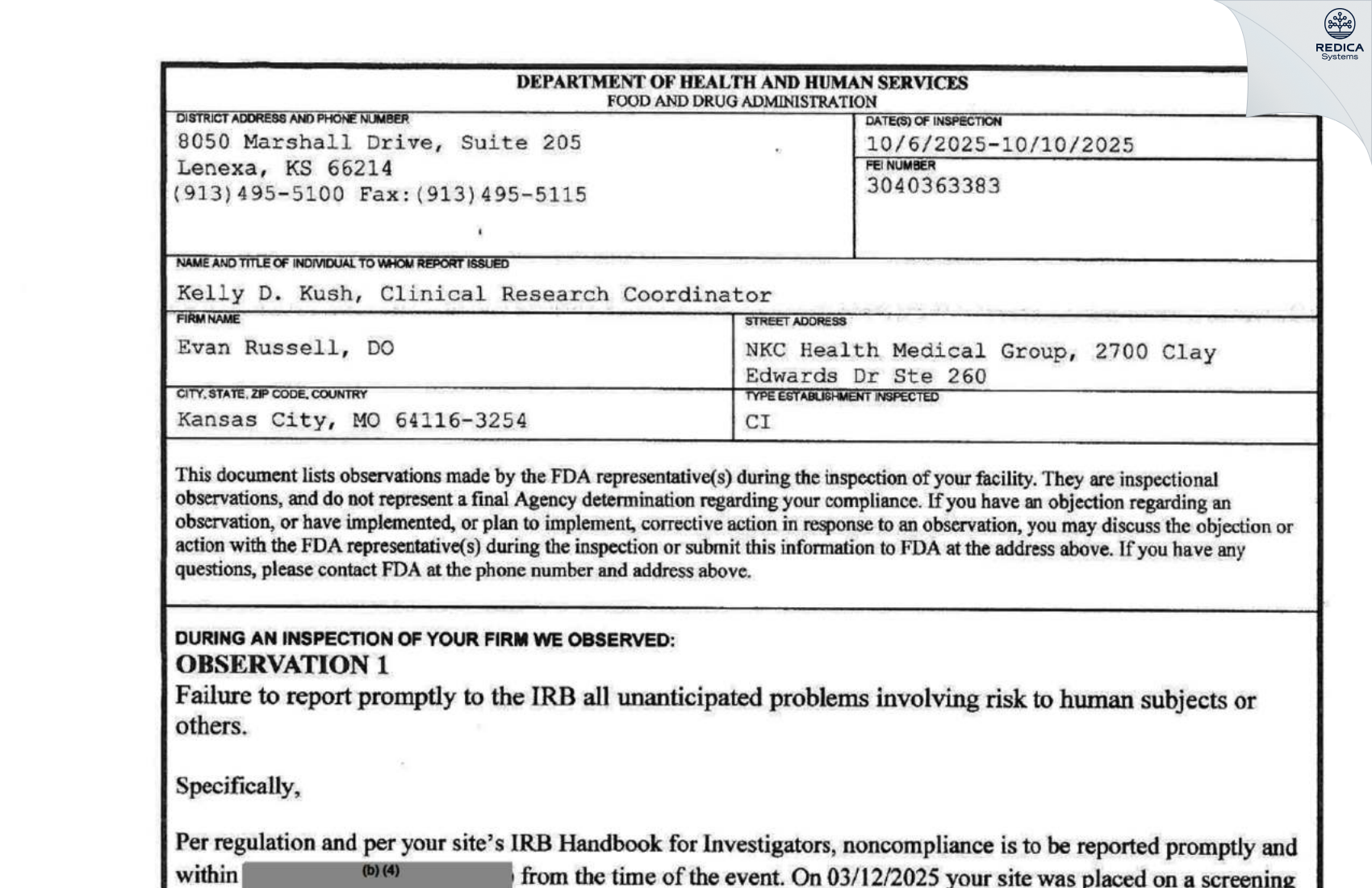 FDA 483 - Evan Russell, DO [Kansas City / United States of America] - Download PDF - Redica Systems