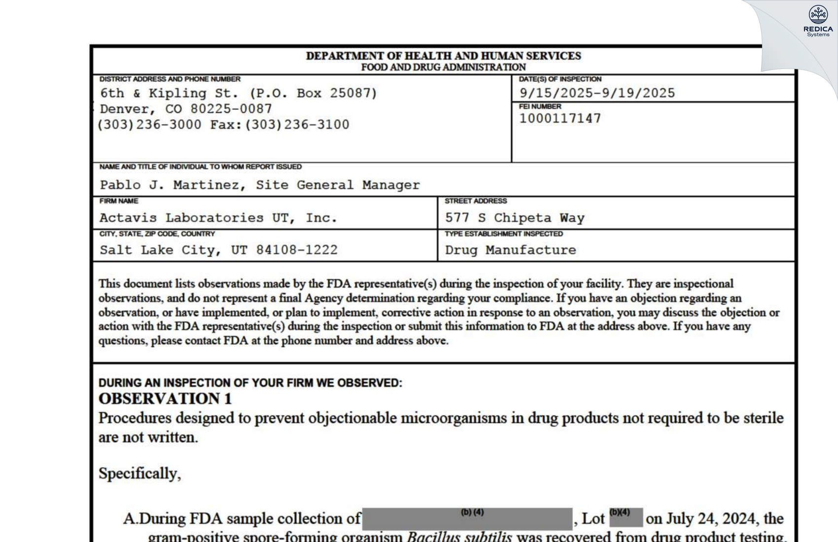 FDA 483 - Actavis Laboratories UT, Inc. [Salt Lake City / United States of America] - Download PDF - Redica Systems