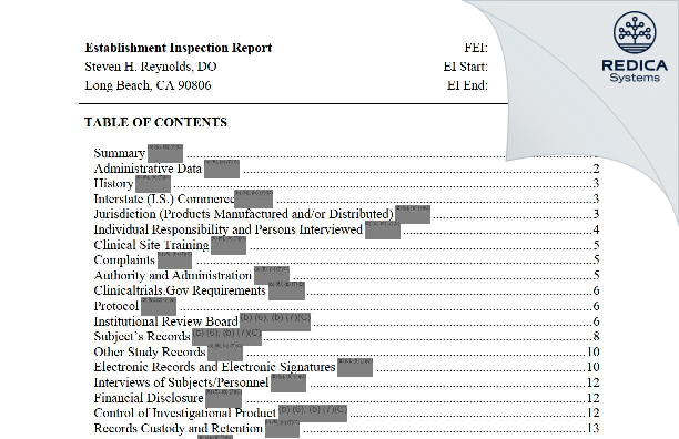 EIR - Steven H. Reynolds, DO [Long Beach / United States of America] - Download PDF - Redica Systems